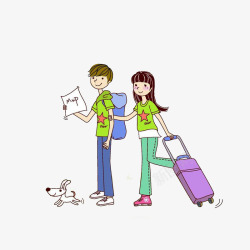 空姐拉行李箱外出旅行的情侣高清图片