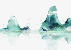 绿色小动物水彩山水画高清图片