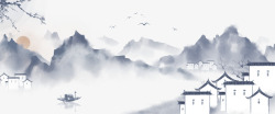 青墨山水建筑风景中国风手绘水墨风景山水徽派建筑1高清图片
