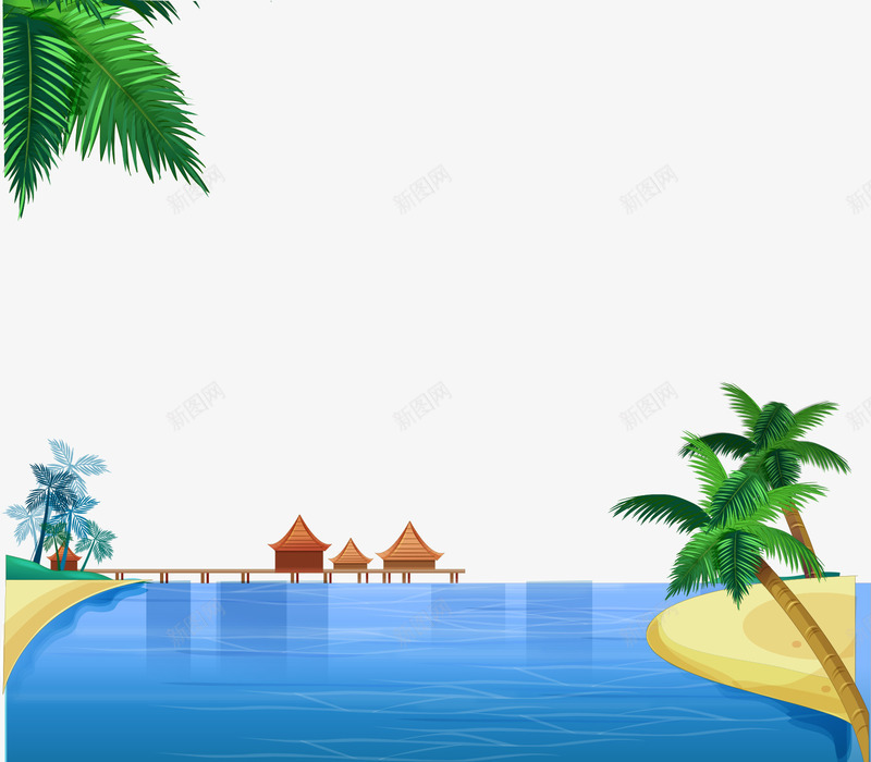 卡通手绘大海椰树沙滩风景png免抠素材_新图网 https://ixintu.com 卡通的风景 手绘的大海 沙滩的风景 矢量的椰树