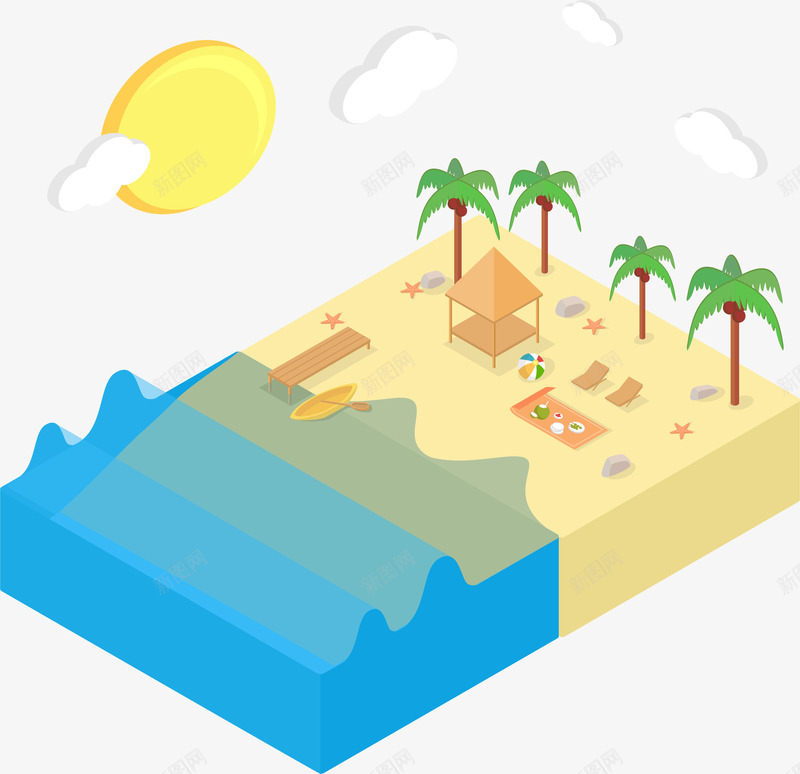 夏季沙滩度假png免抠素材_新图网 https://ixintu.com 卡通 城市建筑 夏季 度假 沙滩 矢量图案 立体