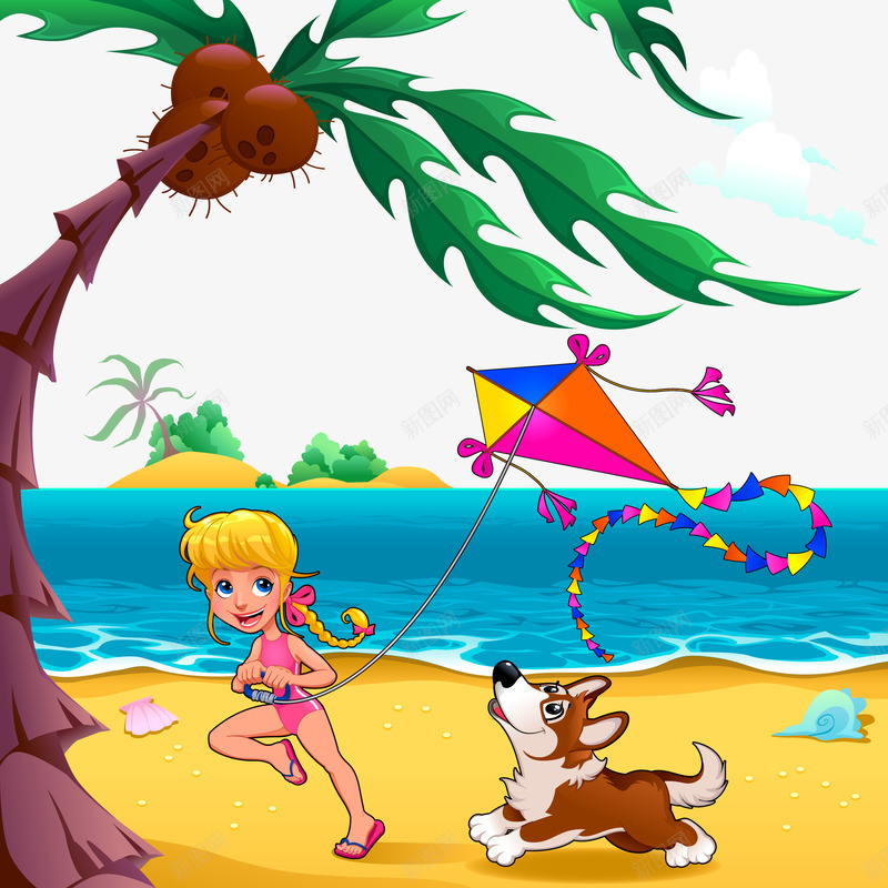 在海滩玩耍png免抠素材_新图网 https://ixintu.com 女孩 椰树 沙滩 海景 狗 风筝