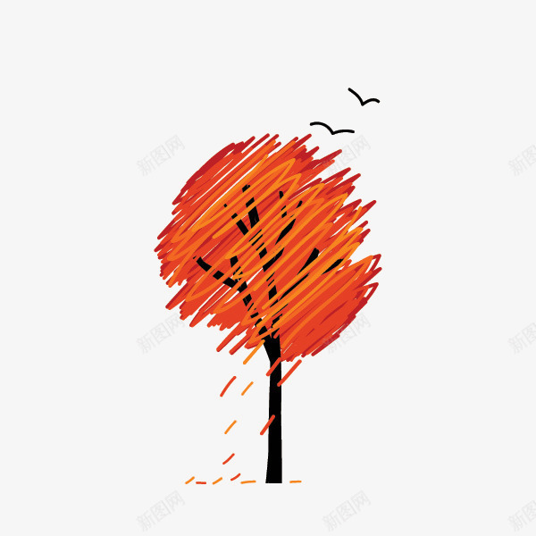 橘黄色涂色树木和飞鸟png免抠素材_新图网 https://ixintu.com 枯藤