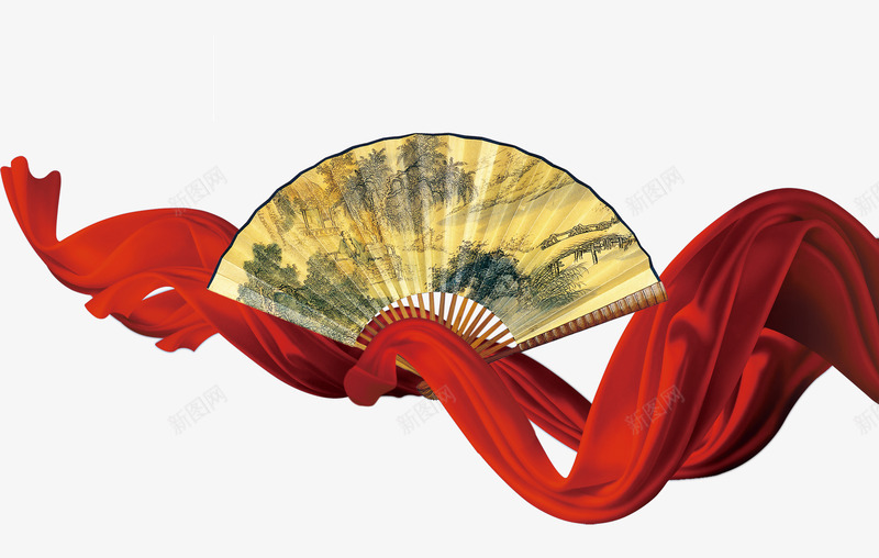扇子与红色绸缎png免抠素材_新图网 https://ixintu.com 扇子 红色 绸缎