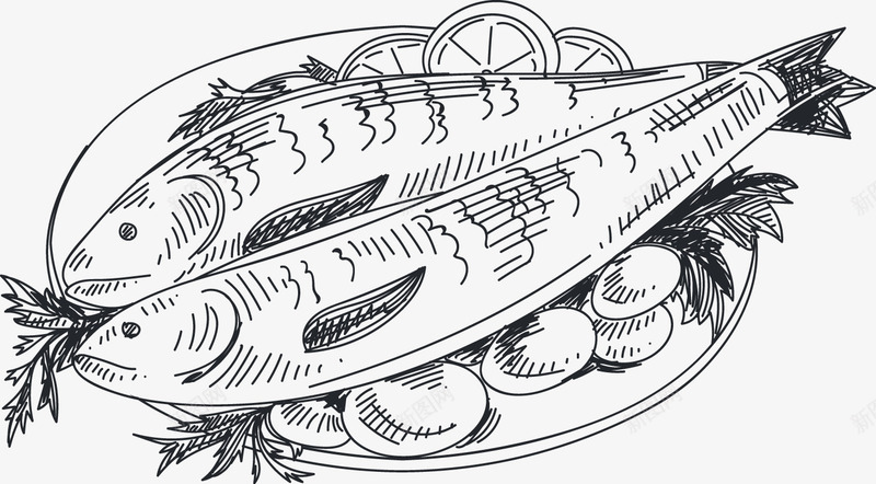 手绘盘装鱼类海鲜线稿png免抠素材_新图网 https://ixintu.com 手绘 海鲜 盘装 线稿 鱼类