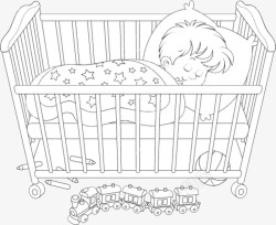宝宝床上睡着了黑白单线婴儿床睡着的宝宝高清图片