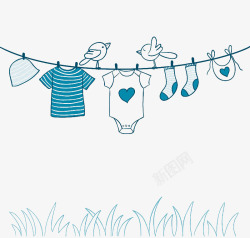 彩棉婴儿服蓝色晾衣绳插画高清图片