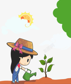 太阳农民给小树浇水的小女孩高清图片