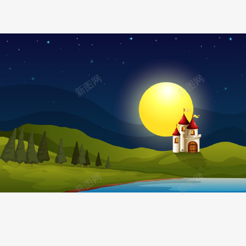 在明亮的月亮下的小山的一座城堡矢量图eps免抠素材_新图网 https://ixintu.com 圆月 城堡 小山 满月 矢量图