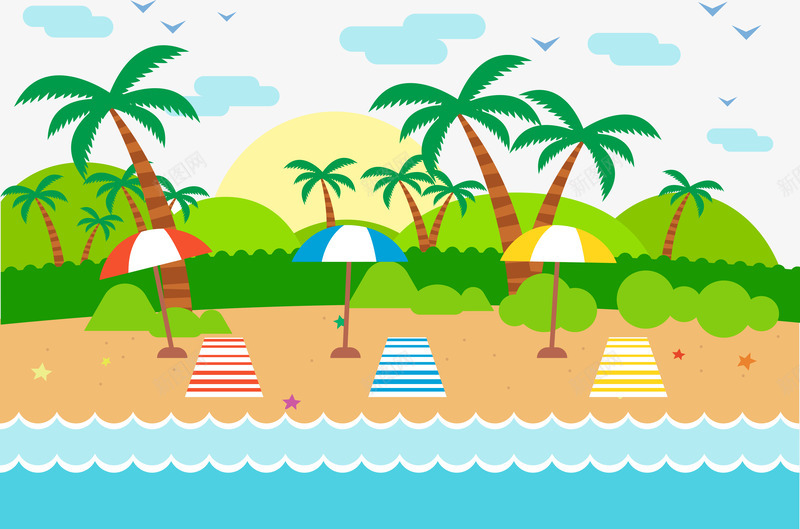 海边度假png免抠素材_新图网 https://ixintu.com 三亚风景 椰树 海滩 海边帐篷 白云 绿色 遮阳伞