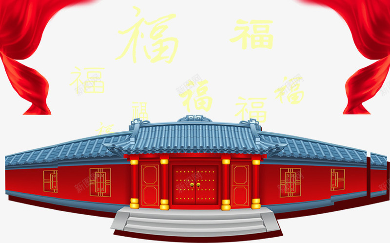 喜庆新年png免抠素材_新图网 https://ixintu.com 喜庆 彩带 房子 红色