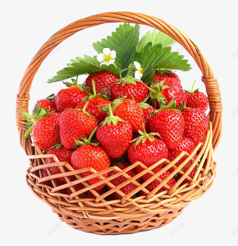 草莓实物图png免抠素材_新图网 https://ixintu.com 竹篮子 新鲜草莓 绿叶 水果 瓜果 草莓 食材