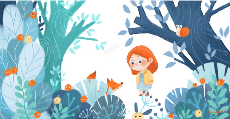 森林里的女孩矢量图eps免抠素材_新图网 https://ixintu.com 女孩 插画 森林 蓝色 矢量图
