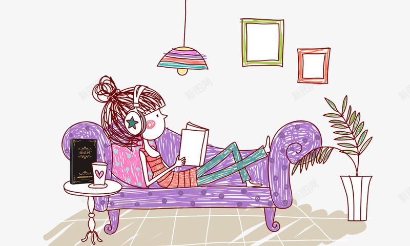 躺在沙发上的人手绘psd免抠素材_新图网 https://ixintu.com 吊灯 女孩手绘 沙发 盆栽 相框 看书 躺在沙发上的人