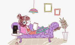 躺沙发上看书的女孩躺在沙发上的人手绘高清图片
