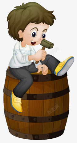 小孩拿锤子修理木桶小孩坐在酿酒的木桶上面高清图片