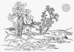 卡通手绘线条画树木房屋素材