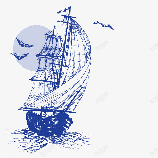 手绘航海船png免抠素材_新图网 https://ixintu.com 卡通船 手绘海鸥 水浪 波纹 航帆 航海 蓝色船