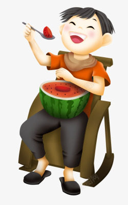 上吃西瓜的男孩卡通手绘夏季吃西瓜的人物高清图片