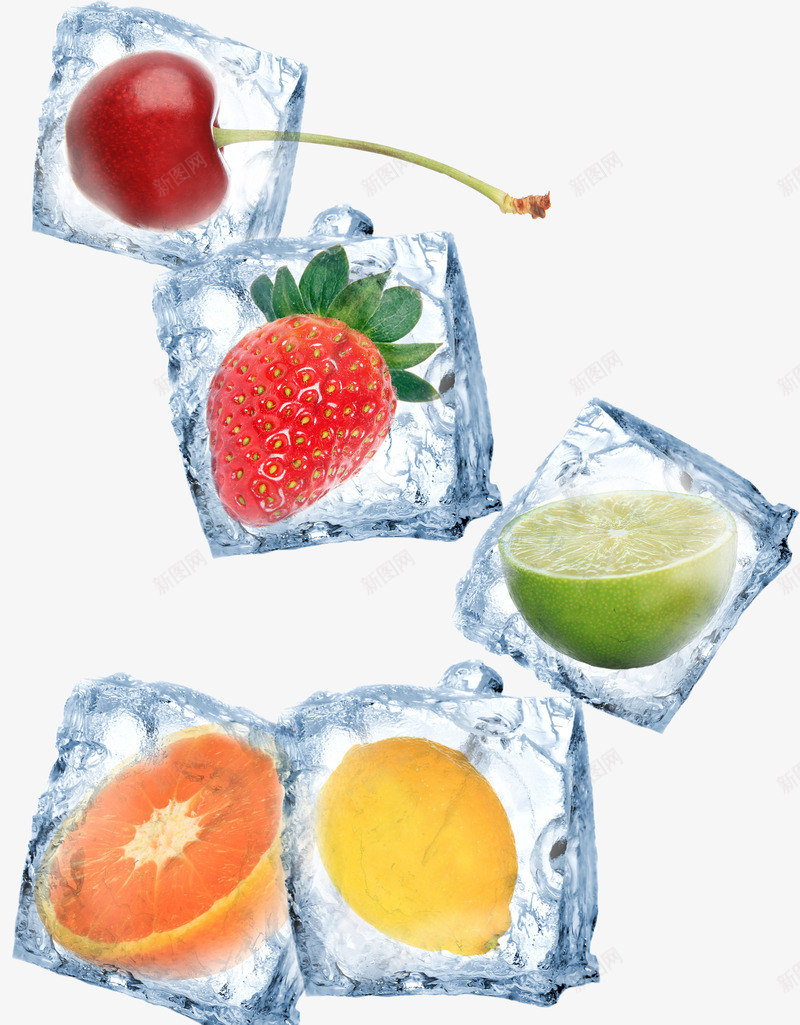 水果冰块png免抠素材_新图网 https://ixintu.com 冰块 柠檬 樱桃 橘子 橙子 正方形冰块 草莓 青柠