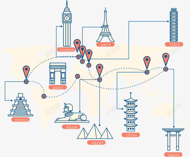 扁平化世界地图各地名胜古迹png免抠素材_新图网 https://ixintu.com 世界地图 各地 名胜古迹 扁平化 旅行