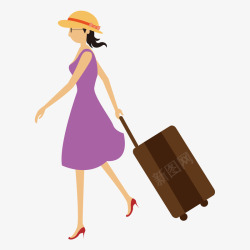 拖行李箱的美女戴帽子美女托行李箱出发旅游矢量图高清图片