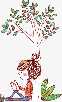 蓝色手绘春天树木背景手绘女生阅读矢量图高清图片