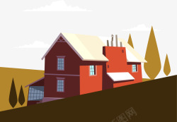 草地屋檐手绘红色房屋高清图片