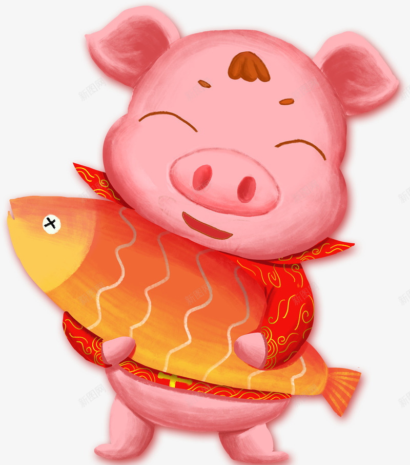 抱着鲤鱼的猪png免抠素材_新图网 https://ixintu.com Q版猪 抱着 新年 猪 鲤鱼