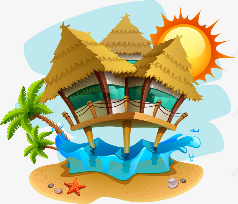沙滩海滩元素png免抠素材_新图网 https://ixintu.com 房屋 树木 椰子树 水 沙滩 海星 海滩元素 绿色
