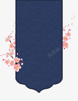 传统节日边框蓝色螺旋纹理锦旗与梅花高清图片