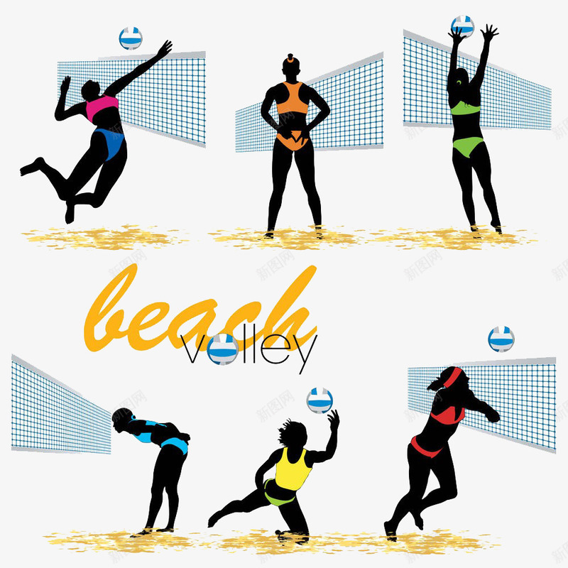 沙滩排球插画png免抠素材_新图网 https://ixintu.com 动作 女孩 插画 比赛 沙滩排球插画 海滩 球 群体 衣服 象征 身体 运动员 高兴