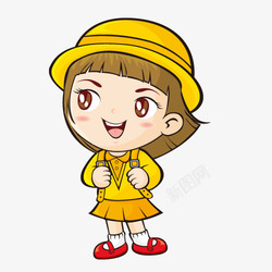 背书包上学戴帽子的黄色小女孩高清图片