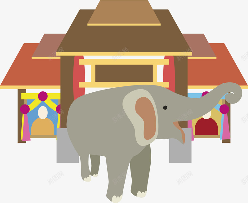 泰国大象png免抠素材_新图网 https://ixintu.com 动物 大象 建筑 异域风 房屋 手绘 花门 长鼻子