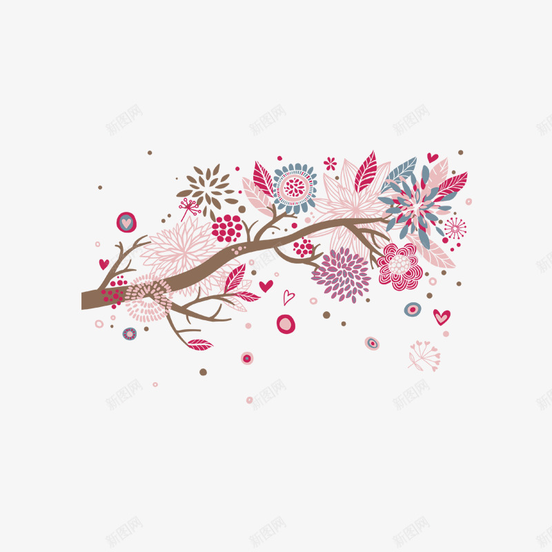 卡通树枝手绘树叶花朵png免抠素材_新图网 https://ixintu.com 五彩花朵 卡通树枝 手绘 树枝装饰 植物