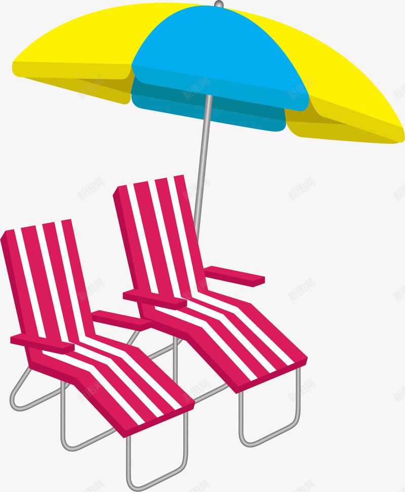 沙滩装饰png免抠素材_新图网 https://ixintu.com 卡通简约 扁平化 手绘图 矢量图案 躺椅 遮阳伞