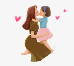 母女亲吻卡通手绘抱着小女孩的妈妈高清图片