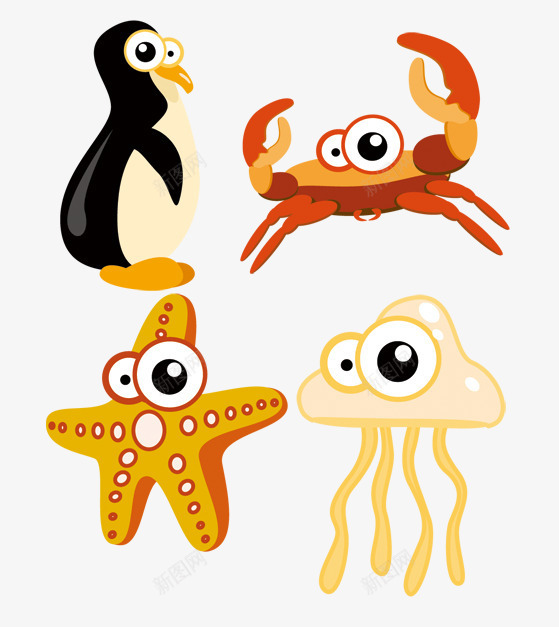 卡通小动物png免抠素材_新图网 https://ixintu.com 动物 卡通 彩色水母 手绘 水母 海星 海鲜 红色水母 螃蟹