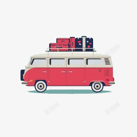 远方旅行png免抠素材_新图网 https://ixintu.com 公共汽车 卡通汽车 插画 旅途 行李