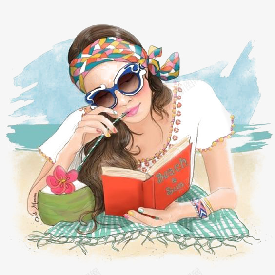 沙滩女生png免抠素材_新图网 https://ixintu.com 卡通 大海 女生 女生海边 度假 手绘 插画 水彩 沙滩上的女人 看书