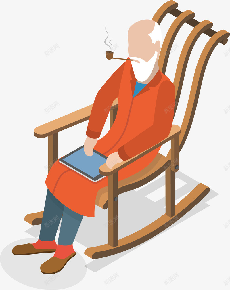 老人躺摇椅玩平板png免抠素材_新图网 https://ixintu.com 平板 手绘 摇椅 烟斗 老人