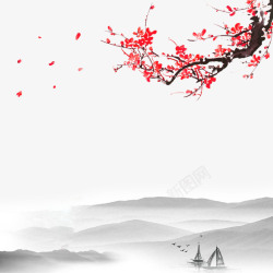 水墨山脉背景中国风山水间鲜红飘落梅花高清图片