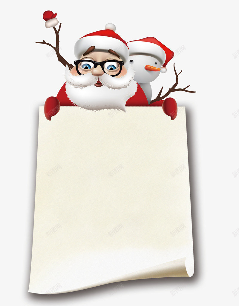 拿着白色写字板的圣诞老人psd免抠素材_新图网 https://ixintu.com 冬季 卡通 圣诞老人 圣诞节 圣诞节老公公 手绘 白色背景板 红色 雪人