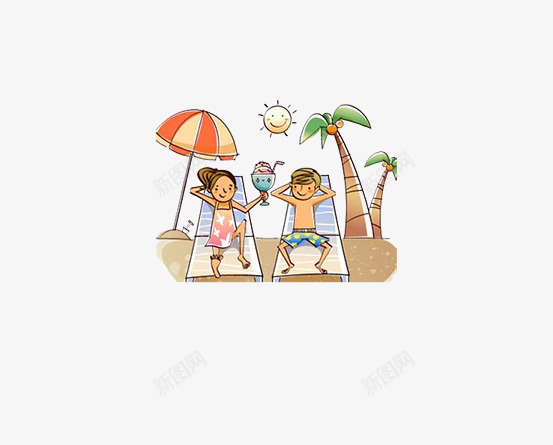 海滩度假png免抠素材_新图网 https://ixintu.com 卡通手绘 情侣度假 沙滩 背景 背景图片 装饰图案 阳光