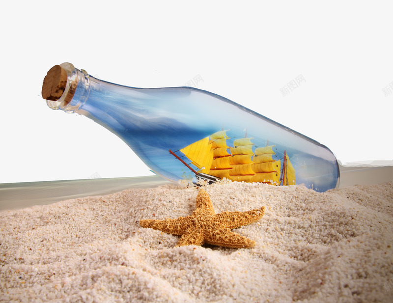 金色沙滩上的漂流瓶png免抠素材_新图网 https://ixintu.com 帆船 海水 漂流瓶 自然景观 蓝色瓶子 金色沙 金色沙滩 黄色海星
