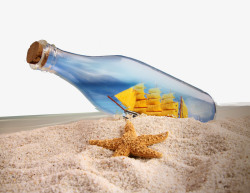 黄色帆船金色沙滩上的漂流瓶高清图片