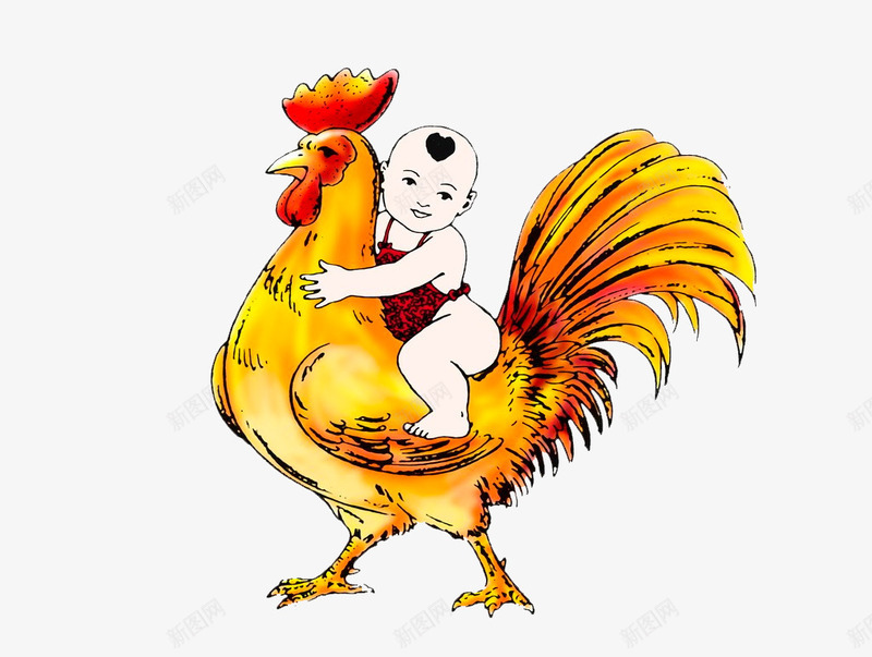 卡通手绘骑公鸡的娃娃png免抠素材_新图网 https://ixintu.com 公鸡 卡通 喜庆 小孩 手绘 肚兜娃娃 鸡年