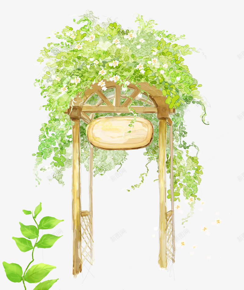 绿色植物花门png免抠素材_新图网 https://ixintu.com 叶子 婚礼花门 手绘 拱形花门 木制门 绿色 花 藤蔓