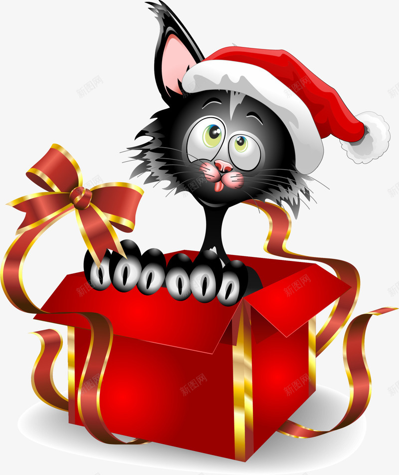 圣诞节可爱黑色猫咪png免抠素材_新图网 https://ixintu.com 可爱猫咪 圣诞节猫咪 红色圣诞帽 红色盒子 红色蝴蝶结 黑色猫咪
