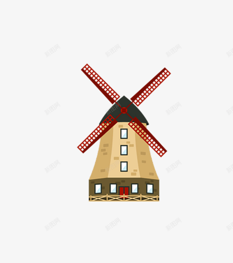 手绘风车png免抠素材_新图网 https://ixintu.com 卡通 图案 手绘 红色的风车 装饰 黄色的房子 黑色的屋顶